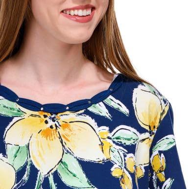 Alfred Dunner Key Item Navy Floral Cotton Top Short Sleeve