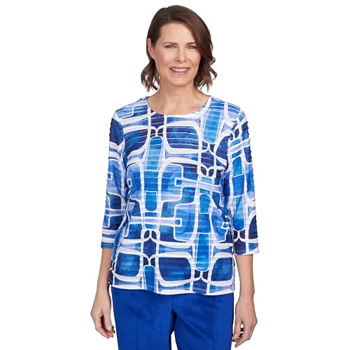 Alfred Dunner Geometric Ruffled Polyester Top (US, Alpha, Medium, Regular, Regular, Standard, Denim)