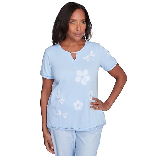 Alfred Dunner Apliquee Dragonfly Flowers Cotton/Polyester Top