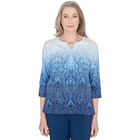 Alfred Dunner Womens Ombre Medallion Beaded Keyhole Neck Top