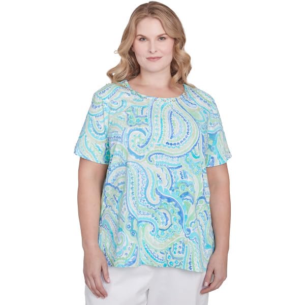 Alfred Dunner Key Item Cotton Paisley Short Sleeve Top (US, Alpha, 3X, Plus, Regular, Plus Size, Multi)