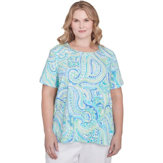 Alfred Dunner Key Item Cotton Paisley Short Sleeve Top (US, Alpha, 3X, Plus, Regular, Plus Size, Multi)