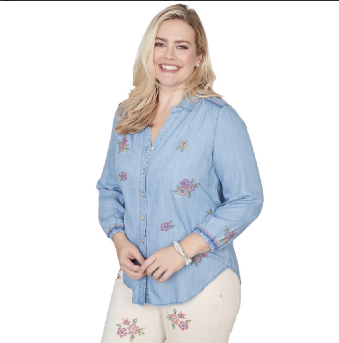 Alfred Dunner Women's Floral Embroidered Button Front Top, Size S, Light Blue