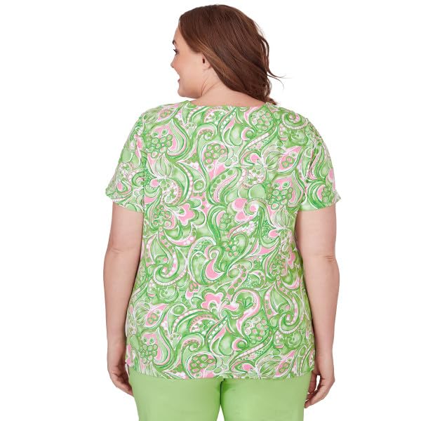 Alfred Dunner Key Item Paisley Cotton Short Sleeve Top (US, Alpha, 2X, Plus, Regular, Plus Size, Green/Multi)