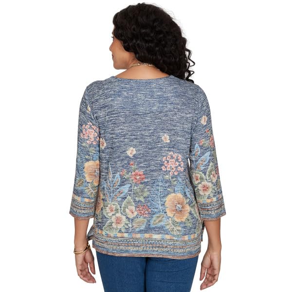 Alfred Dunner Tuscany Border Floral Top Polyester/Rayon Blue Size Medium