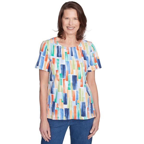 Alfred Dunner Key Item Patchworks Cotton Top Short Sleeve (US, Alpha, Large, Regular, Petite, Petite, Multi)