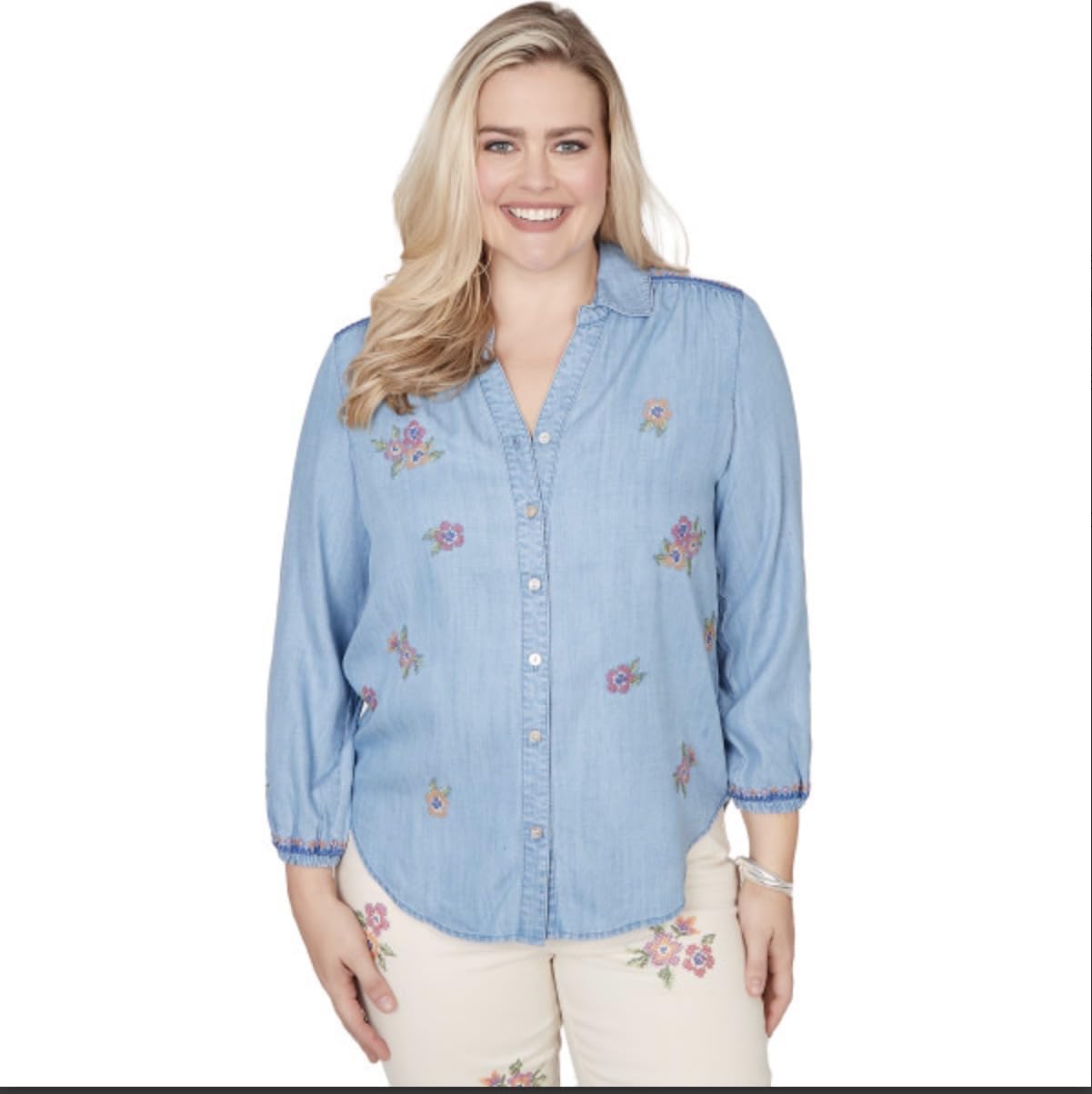 Alfred Dunner Women's Floral Embroidered Button Front Top, Size M, Light Blue