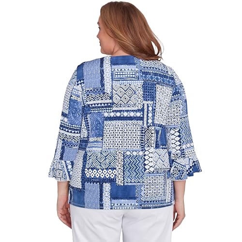 Alfred Dunner Women's Beaded Split Neck Patchwork Top Size S Denim