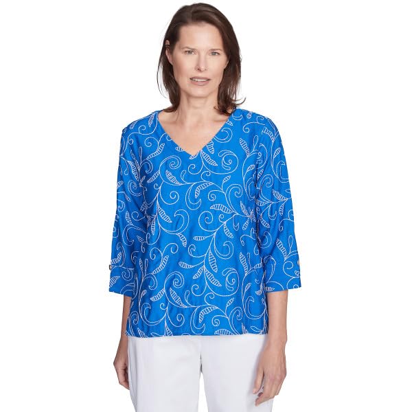 Alfred Dunner Parrot Cay Scroll Embroidery Rayon/Nylon Top (US, Alpha, Small, Regular, Petite, Petite, Cobalt)