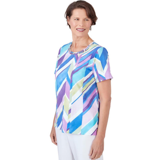 Alfred Dunner Cotton Chevron Multi Colored Short Sleeve Top