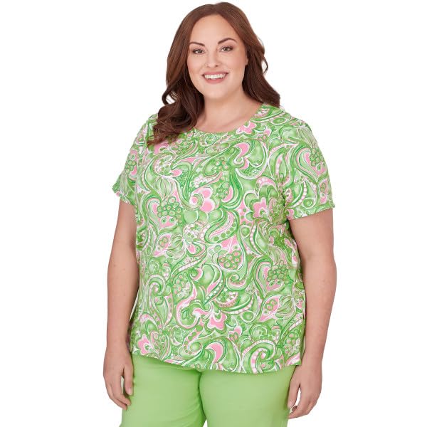 Alfred Dunner Key Item Paisley Cotton Short Sleeve Top (US, Alpha, 2X, Plus, Regular, Plus Size, Green/Multi)