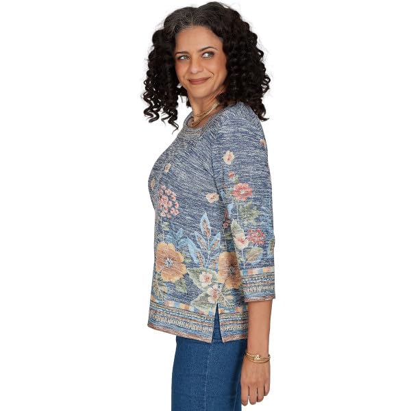 Alfred Dunner Tuscany Border Floral Top Polyester/Rayon Blue Size Small