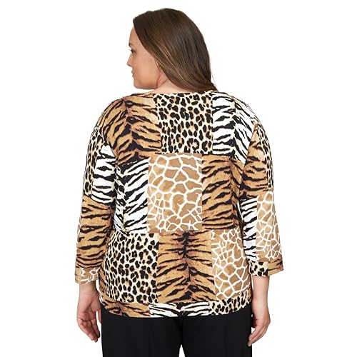 Alfred Dunner Classics Animal Patch Print Cotton Sweater (US, Alpha, 1X, Plus, Regular, Plus Size, Tan)