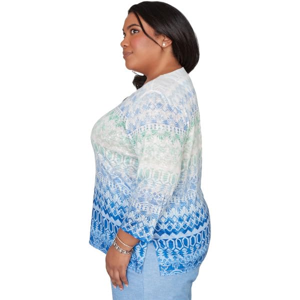 Alfred Dunner Women's Plus-Size Ombre Biadere Split Neck Top, Size 2X, Ocean Blue