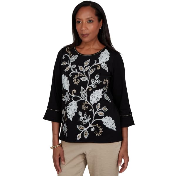 Alfred Dunner Travel Advisory Black Floral Embroidered Tops Size L