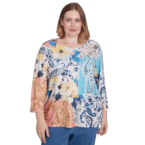 Alfred Dunner Women's Plus-Size Floral Patch Drawstring Top Size 3X Navy Multi