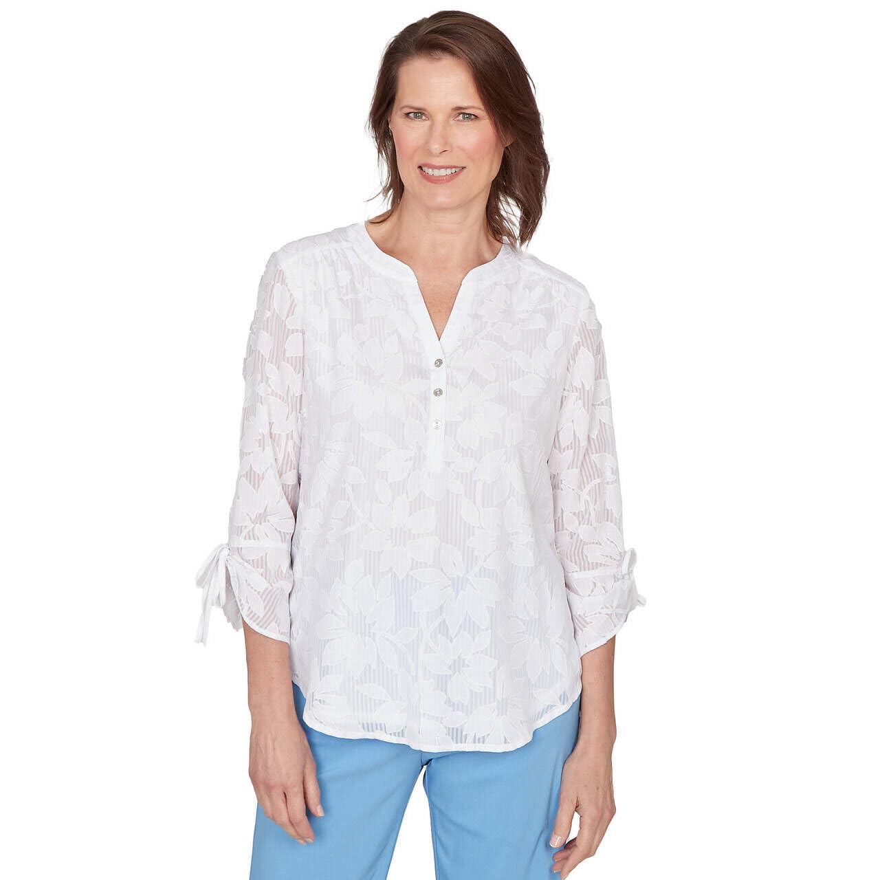 Alfred Dunner Austin Floral Embroidered Tie Sleeve Henley Top