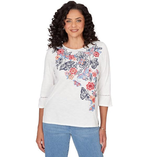 Alfred Dunner Austin Embroidered Butterfly Top Cotton/Poly (US, Alpha, 3X, Plus, Regular, Plus Size, White)
