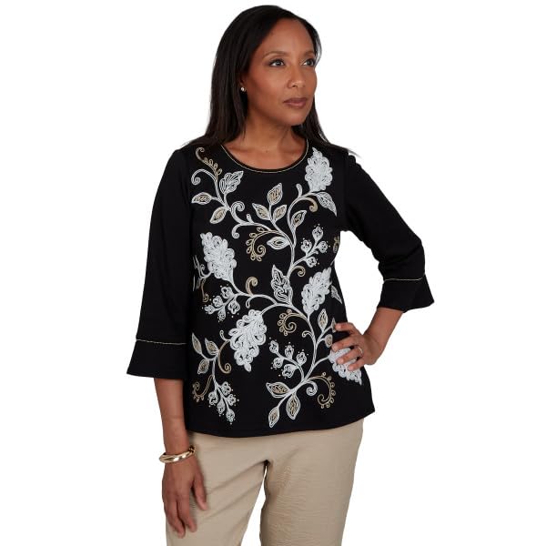 Alfred Dunner Travel Advisory Black Floral Embroidered Tops Size L