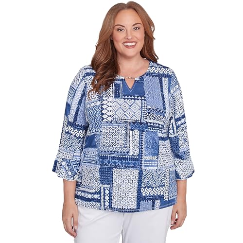 Alfred Dunner Women's Beaded Split Neck Patchwork Top Size S Denim
