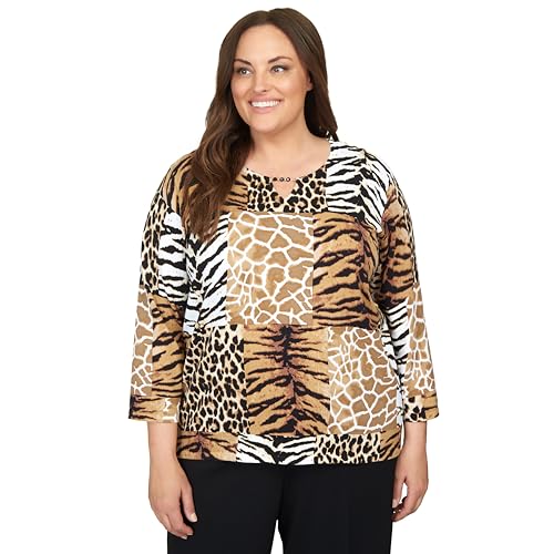 Alfred Dunner Classics Animal Patch Print Cotton Sweater (US, Alpha, 1X, Plus, Regular, Plus Size, Tan)