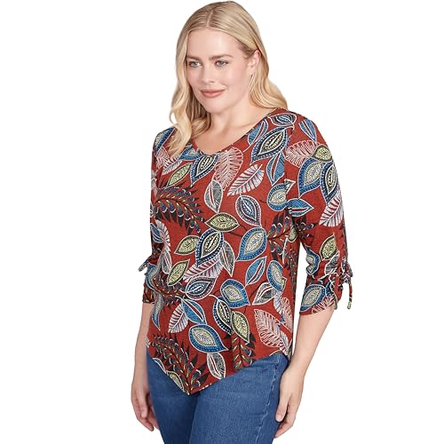 Alfred Dunner Women's Petite Batik Leaves Melange Asymmetrical Top Size PXL Spice Multi