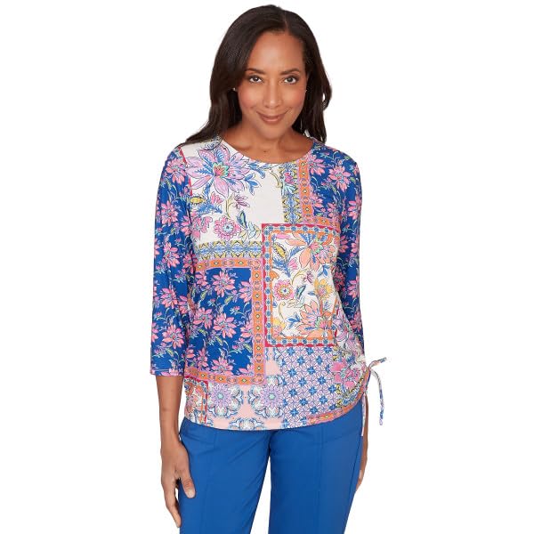 Alfred Dunner Women's Petite Geometric Floral Tie Ruched Top, Size PS, Blue Multi