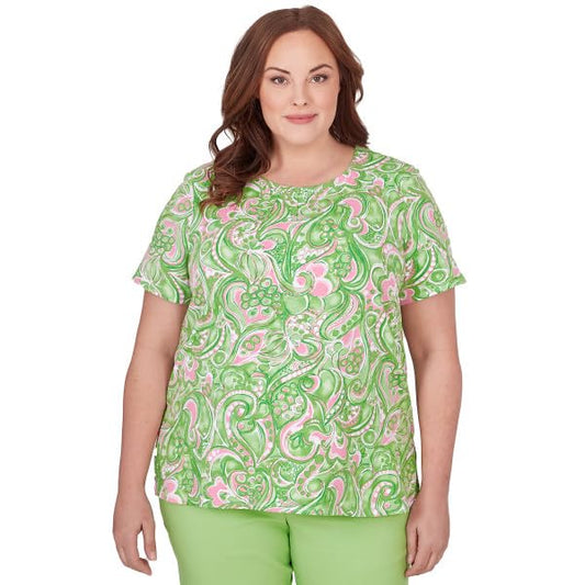 Alfred Dunner Key Item Paisley Cotton Short Sleeve Top (US, Alpha, 2X, Plus, Regular, Plus Size, Green/Multi)