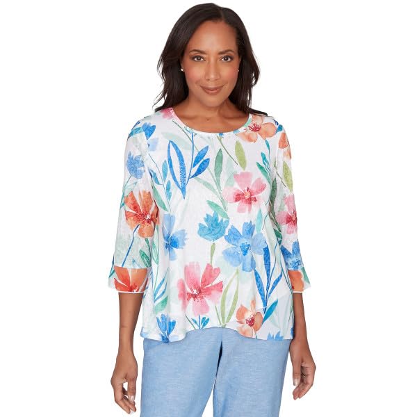 Alfred Dunner Women's Whimsical Flower Bell Sleeve Top, Size S, Blue Multi