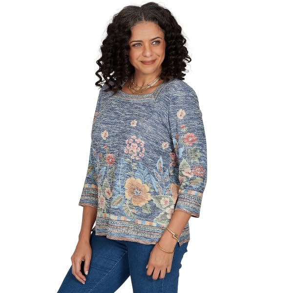 Alfred Dunner Tuscany Border Floral Top Polyester/Rayon Blue Size Small