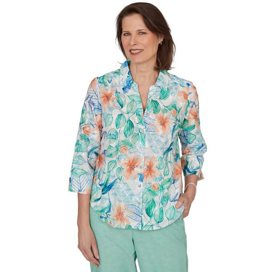 Alfred Dunner Women's Petite Tropical Flower Eyelet Tie Sleeve Top, Size PL, Green Multi