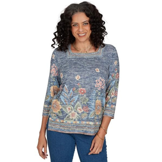 Alfred Dunner Tuscany Border Floral Top Polyester/Rayon Blue Size Medium