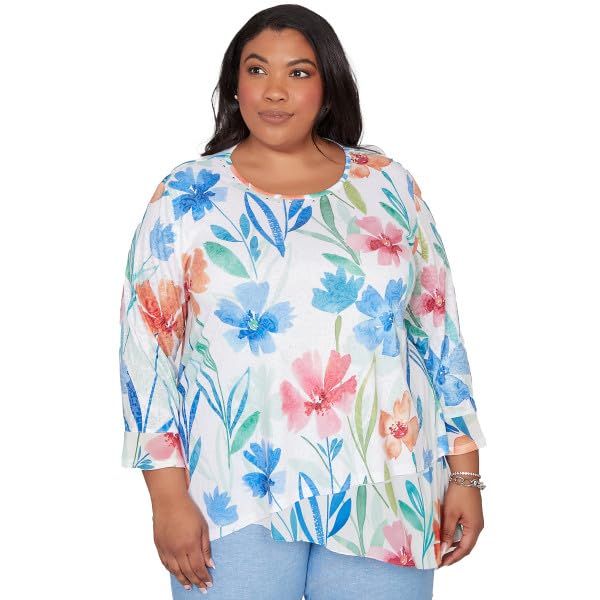 Alfred Dunner Women's Plus-Size Whimsical Flower Bell Sleeve Top, Size 1X, Blue Multi