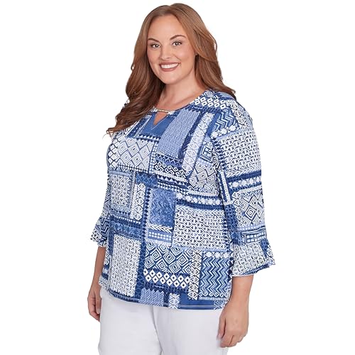 Alfred Dunner Women's Beaded Split Neck Patchwork Top Size S Denim