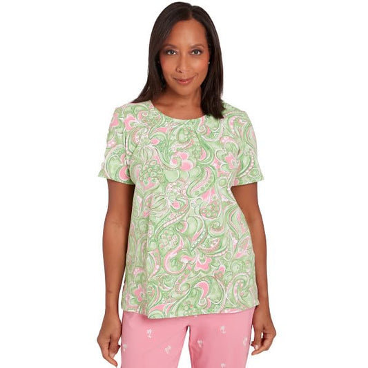 Alfred Dunner Key Item Paisley Cotton Short Sleeve Top (US, Alpha, X-Large, Regular, Regular, Standard, Green/Multi)