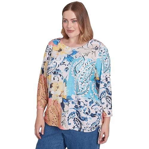 Alfred Dunner Women's Plus-Size Floral Patch Drawstring Top Size 3X Navy Multi