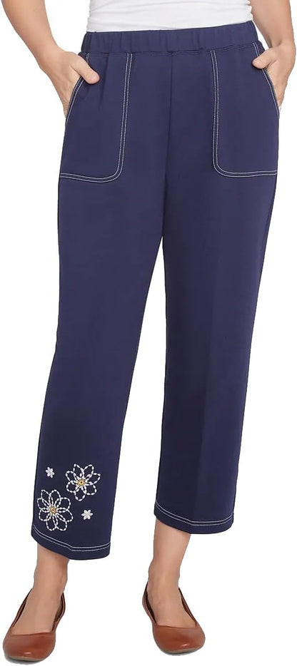 Alfred Dunner French Terry Uncle Length Pants with Dasies Navy Color