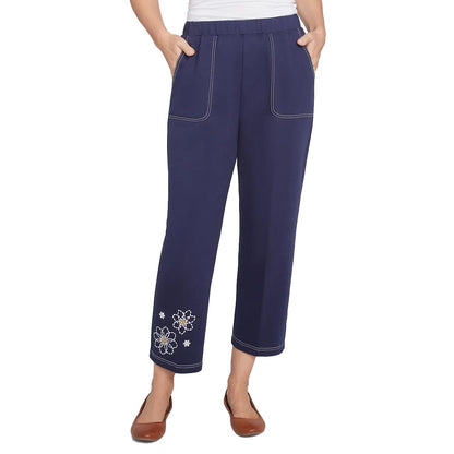 Alfred Dunner French Terry Uncle Length Pants with Dasies Navy Color