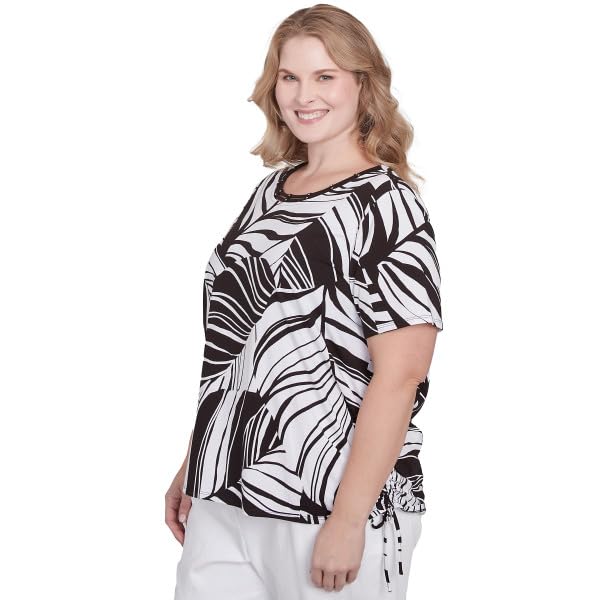 Alfred Dunner Leave Print Short Sleeve Cotton Shirt (US, Alpha, 3X, Regular, Regular, Plus Size, Black/White)