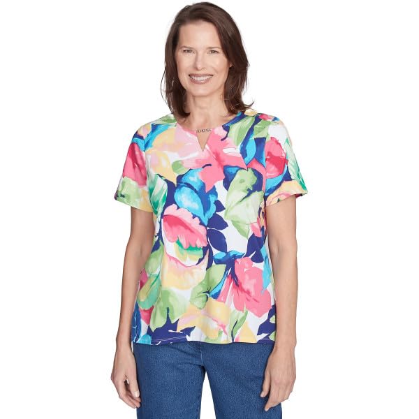 Alfred Dunner Key Item Cotton Tropical Leaves Short Sleeve (US, Alpha, Large, Regular, Regular, Standard, Multi)