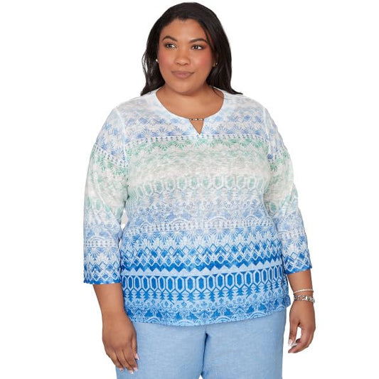 Alfred Dunner Women's Plus-Size Ombre Biadere Split Neck Top, Size 2X, Ocean Blue