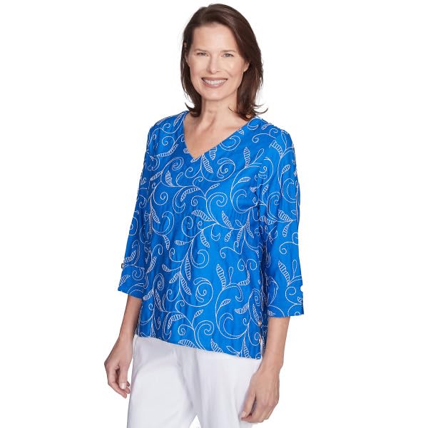 Alfred Dunner Parrot Cay Scroll Embroidery Rayon/Nylon Top (US, Alpha, Small, Regular, Petite, Petite, Cobalt)