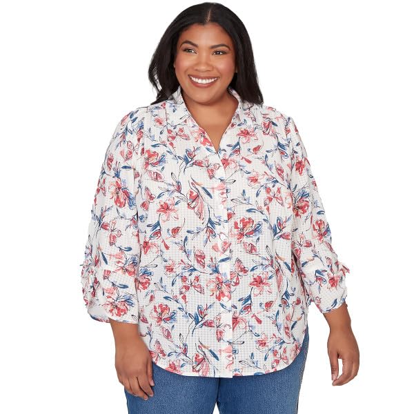 Alfred Dunner Austin Etched Floral Butterfly Polyester Blouse (US, Alpha, 1X, Plus, Regular, Plus Size, Azalea)