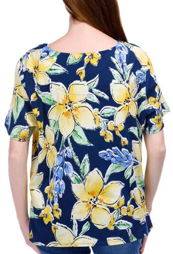 Alfred Dunner Key Item Navy Floral Cotton Top Short Sleeve