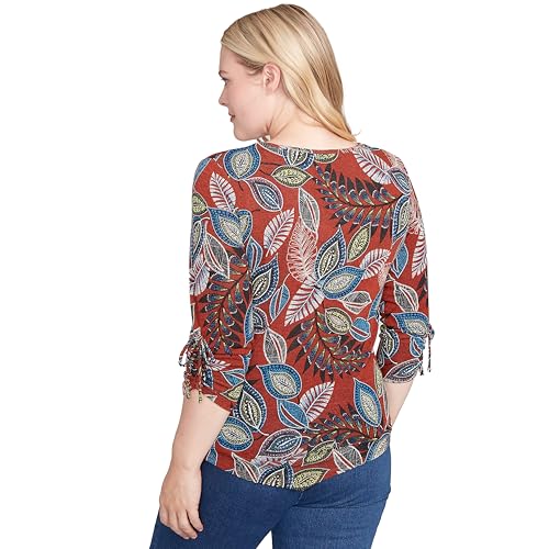 Alfred Dunner Women's Petite Batik Leaves Melange Asymmetrical Top Size PXL Spice Multi