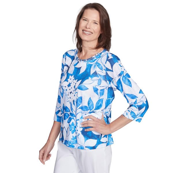 Alfred Dunner Parrot Cay Polyester Floral Top (US, Alpha, Large, Regular, Regular, Standard, Cobalt Multi)
