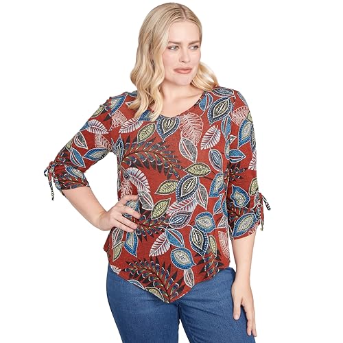 Alfred Dunner Women's Petite Batik Leaves Melange Asymmetrical Top Size PXL Spice Multi
