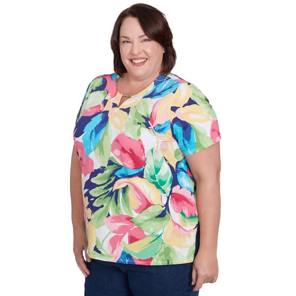 Alfred Dunner Key Item Cotton Tropical Leaves Short Sleeve (US, Alpha, 2X, Plus, Regular, Plus Size, Multi)