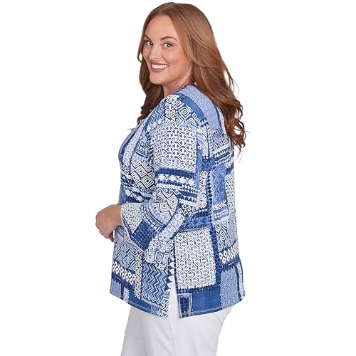 Alfred Dunner Women's Beaded Split Neck Patchwork Top Size S Denim