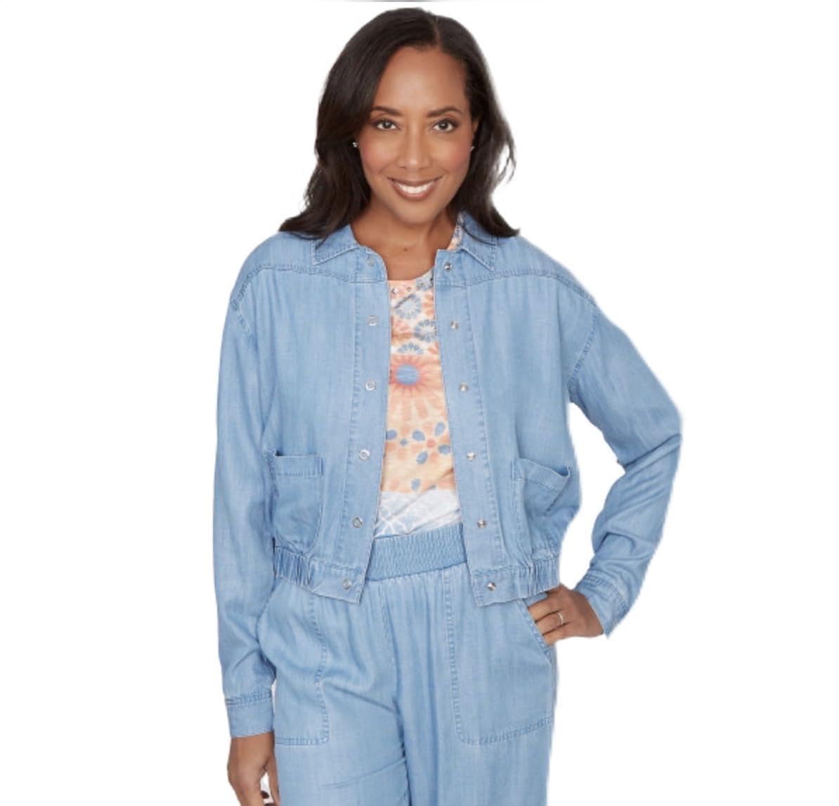 Alfred Dunner Women's Casual Elastic Lyocell Shirt Jacket, Size S, Blue